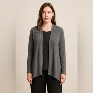 EILEEN FISHER Merino Wool Open Front Cardigan M Gray Pleated Back Knit Sweater